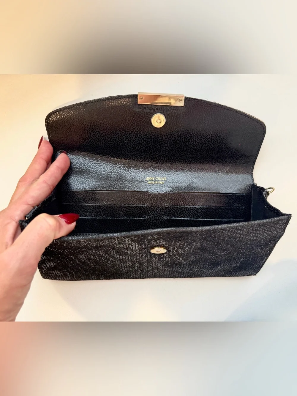 Jimmy Choo Vintage Black Glitter Envelope Clutch with Gold Plaque